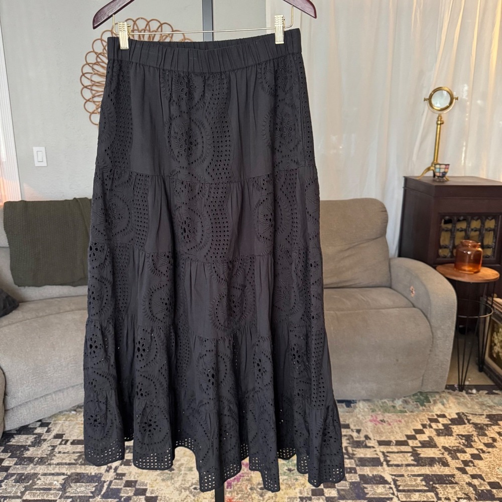 Sundance NWT Black Maxi Skirt Small Black Eyelet Cotton Tiered BOHO Peasant Folk
